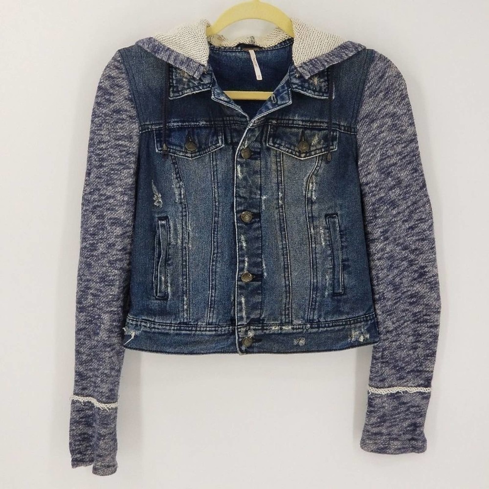 Free People Mixed Media Space Dye Knit Hooded Denim Jean Jacket Blue Size XS - Picture 3 of 8